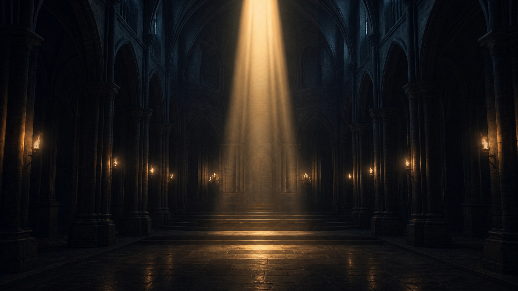 A shaft of light falls into a vaulted stone hall